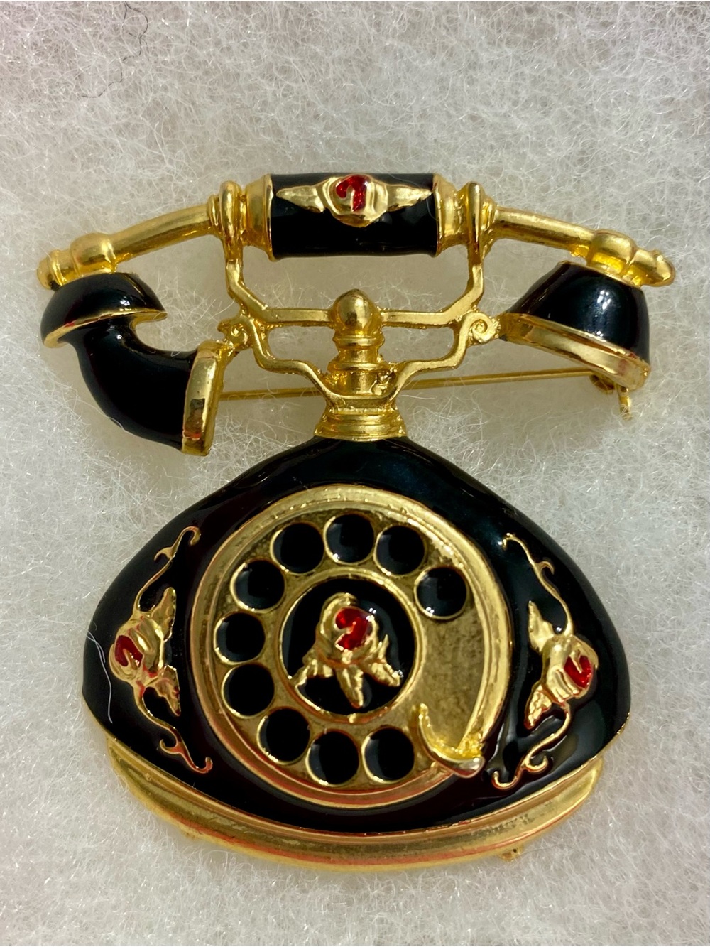 Vintage-Inspired Black & Gold Telephone Brooch with Red Accents